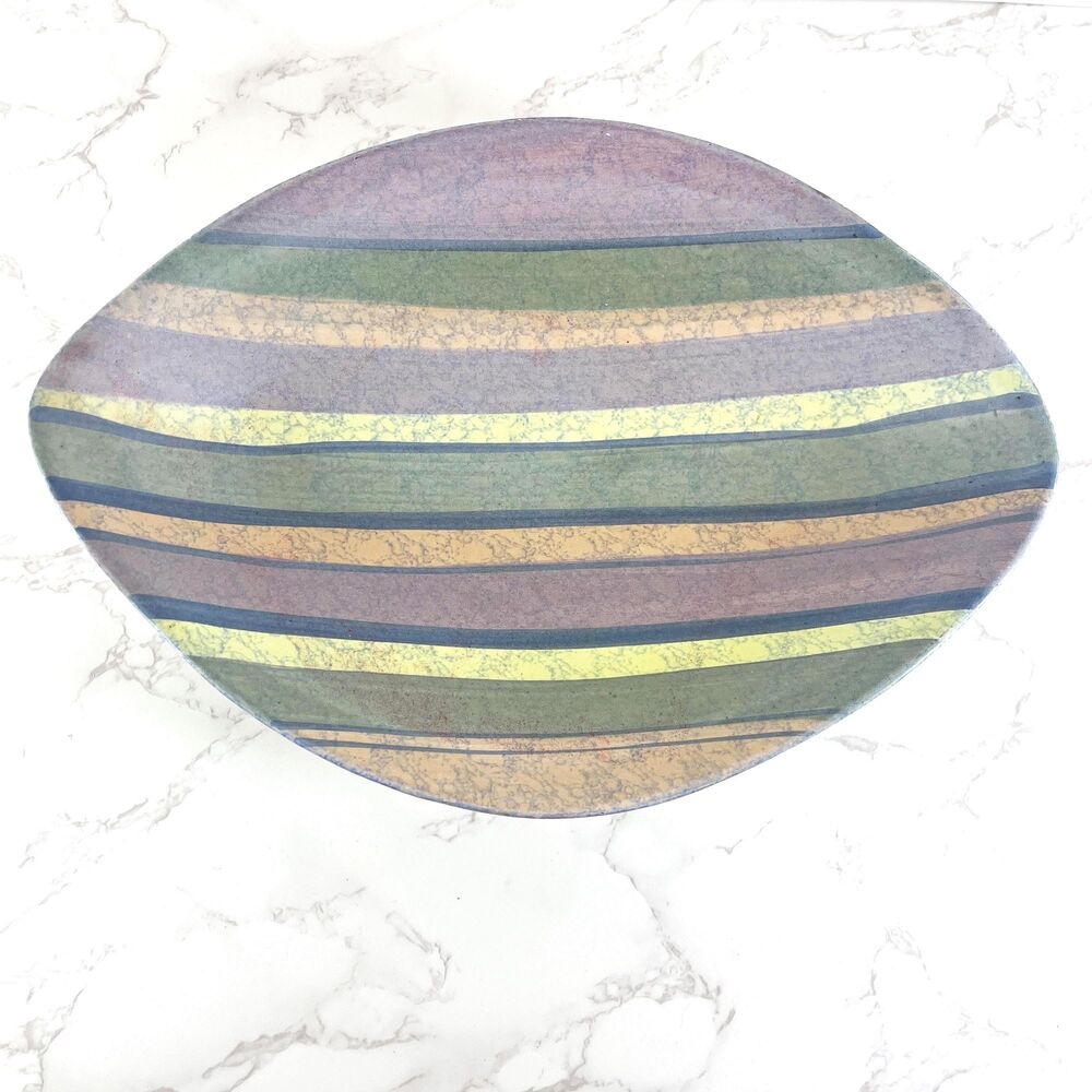 Vintage Madeline Originals Pottery Mid Century Modern Large Striped Navette Dish